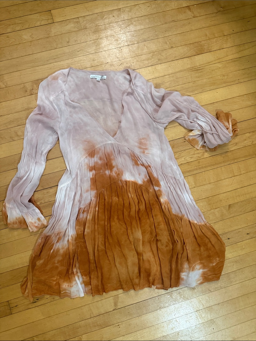 Young Fabulous & Broke Blush and Rust Tie-Dye V-Neck Long Sleeve Dress